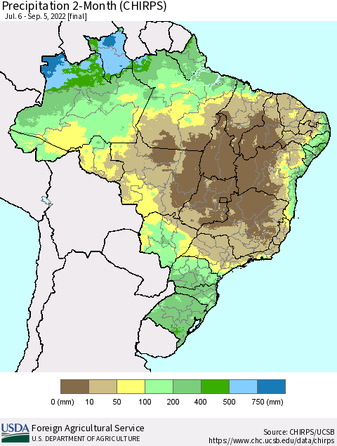 Brazil Precipitation 2-Month (CHIRPS) Thematic Map For 7/6/2022 - 9/5/2022