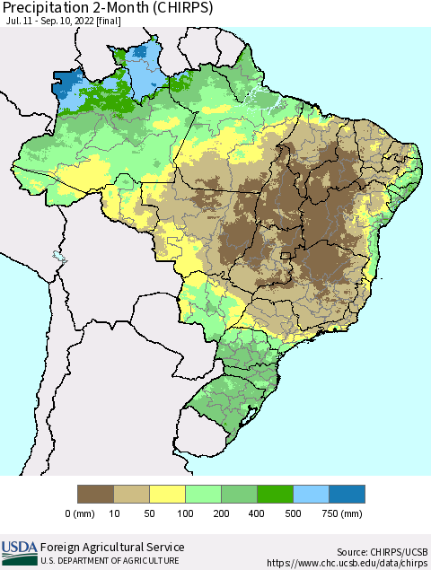 Brazil Precipitation 2-Month (CHIRPS) Thematic Map For 7/11/2022 - 9/10/2022