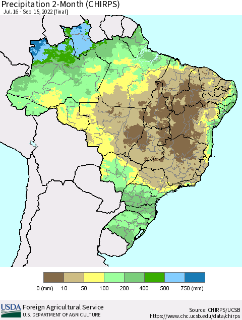 Brazil Precipitation 2-Month (CHIRPS) Thematic Map For 7/16/2022 - 9/15/2022