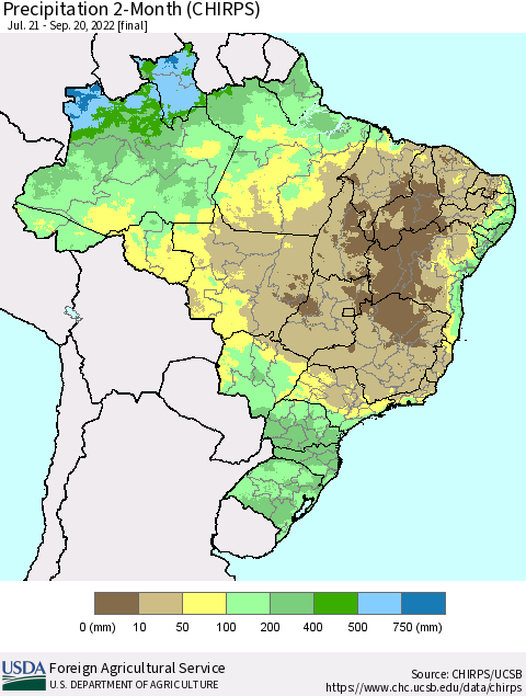 Brazil Precipitation 2-Month (CHIRPS) Thematic Map For 7/21/2022 - 9/20/2022
