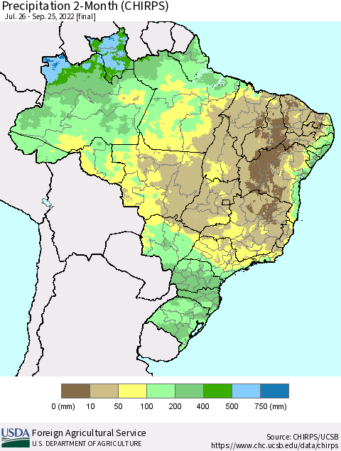 Brazil Precipitation 2-Month (CHIRPS) Thematic Map For 7/26/2022 - 9/25/2022