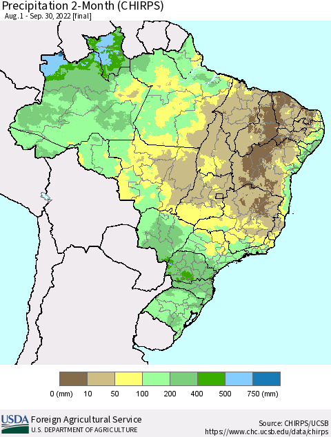 Brazil Precipitation 2-Month (CHIRPS) Thematic Map For 8/1/2022 - 9/30/2022