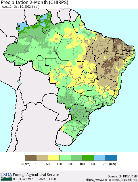 Brazil Precipitation 2-Month (CHIRPS) Thematic Map For 8/11/2022 - 10/10/2022