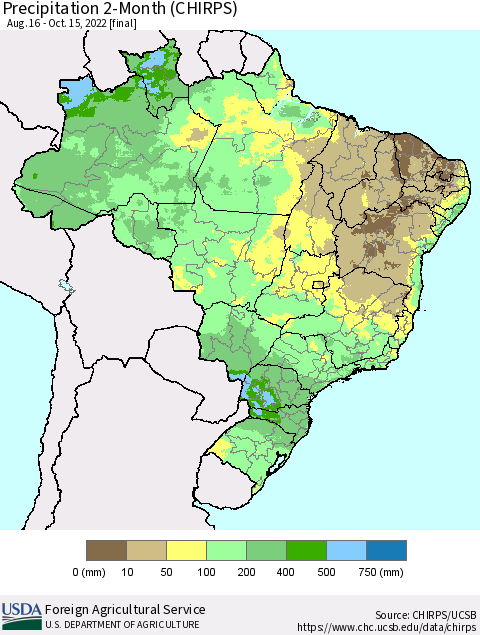 Brazil Precipitation 2-Month (CHIRPS) Thematic Map For 8/16/2022 - 10/15/2022