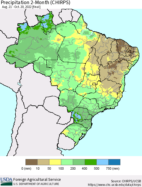 Brazil Precipitation 2-Month (CHIRPS) Thematic Map For 8/21/2022 - 10/20/2022
