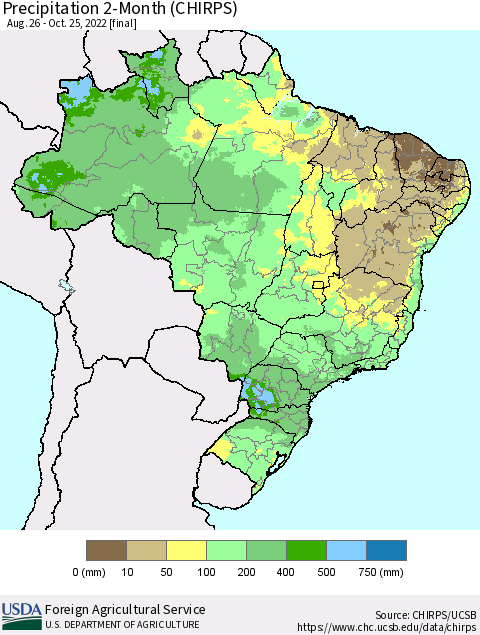 Brazil Precipitation 2-Month (CHIRPS) Thematic Map For 8/26/2022 - 10/25/2022