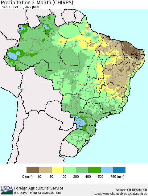 Brazil Precipitation 2-Month (CHIRPS) Thematic Map For 9/1/2022 - 10/31/2022