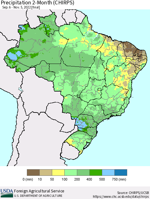 Brazil Precipitation 2-Month (CHIRPS) Thematic Map For 9/6/2022 - 11/5/2022