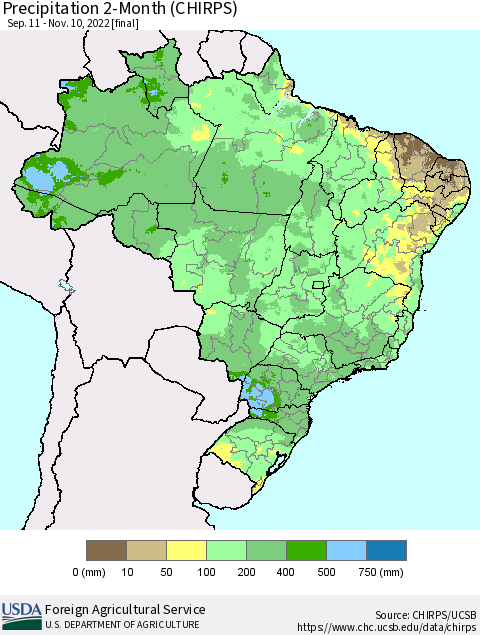 Brazil Precipitation 2-Month (CHIRPS) Thematic Map For 9/11/2022 - 11/10/2022