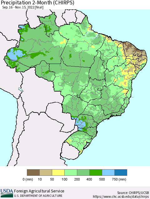 Brazil Precipitation 2-Month (CHIRPS) Thematic Map For 9/16/2022 - 11/15/2022