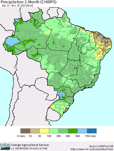 Brazil Precipitation 2-Month (CHIRPS) Thematic Map For 9/21/2022 - 11/20/2022