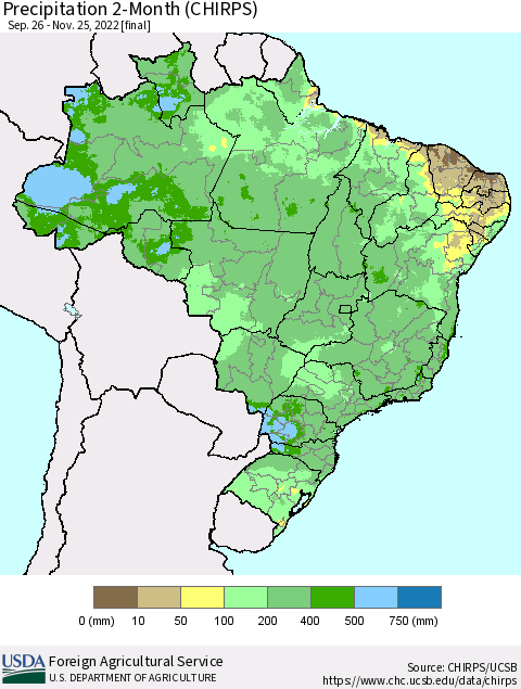 Brazil Precipitation 2-Month (CHIRPS) Thematic Map For 9/26/2022 - 11/25/2022