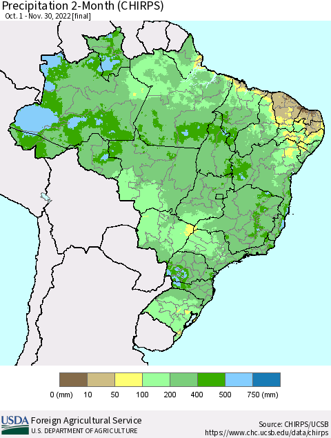 Brazil Precipitation 2-Month (CHIRPS) Thematic Map For 10/1/2022 - 11/30/2022