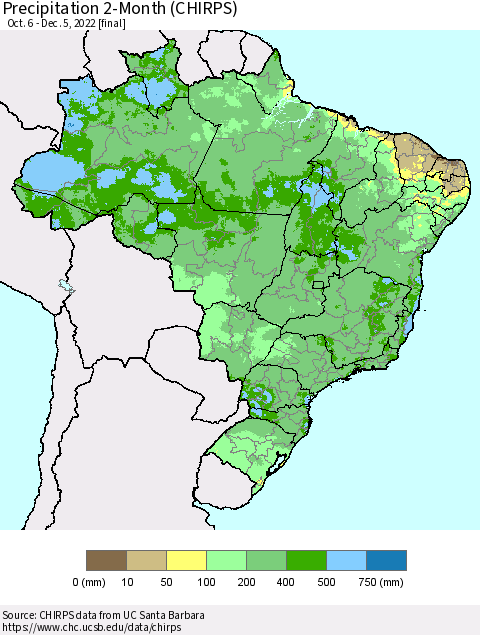 Brazil Precipitation 2-Month (CHIRPS) Thematic Map For 10/6/2022 - 12/5/2022