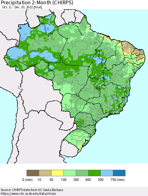 Brazil Precipitation 2-Month (CHIRPS) Thematic Map For 10/11/2022 - 12/10/2022