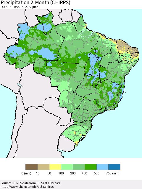 Brazil Precipitation 2-Month (CHIRPS) Thematic Map For 10/16/2022 - 12/15/2022