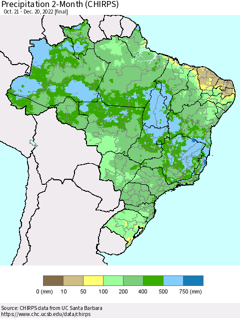 Brazil Precipitation 2-Month (CHIRPS) Thematic Map For 10/21/2022 - 12/20/2022