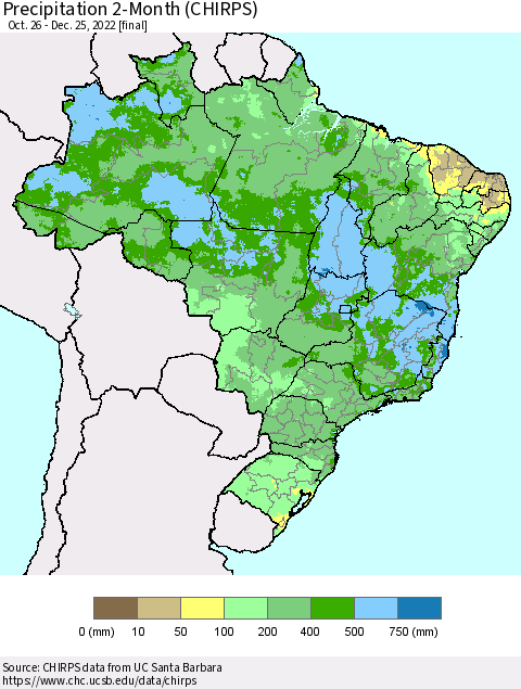 Brazil Precipitation 2-Month (CHIRPS) Thematic Map For 10/26/2022 - 12/25/2022