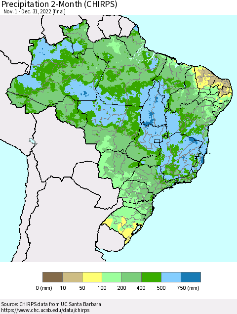 Brazil Precipitation 2-Month (CHIRPS) Thematic Map For 11/1/2022 - 12/31/2022