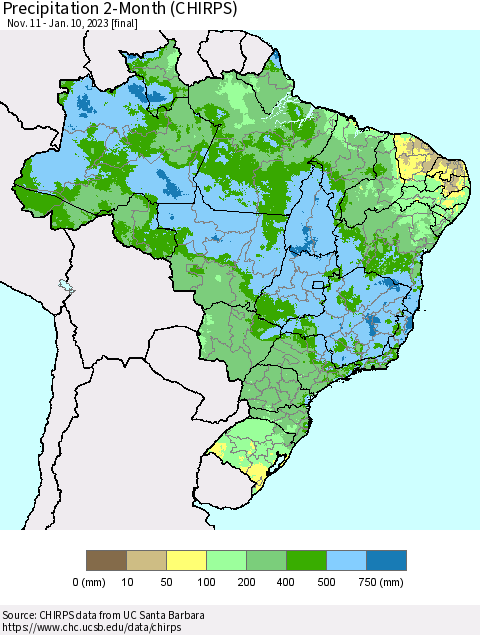 Brazil Precipitation 2-Month (CHIRPS) Thematic Map For 11/11/2022 - 1/10/2023
