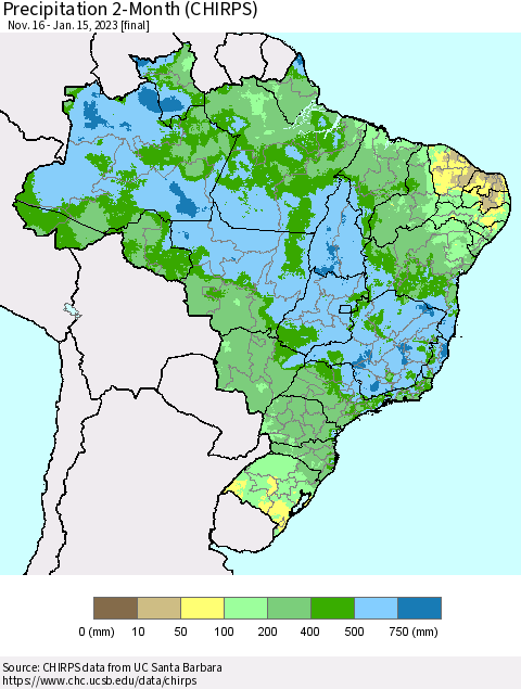 Brazil Precipitation 2-Month (CHIRPS) Thematic Map For 11/16/2022 - 1/15/2023