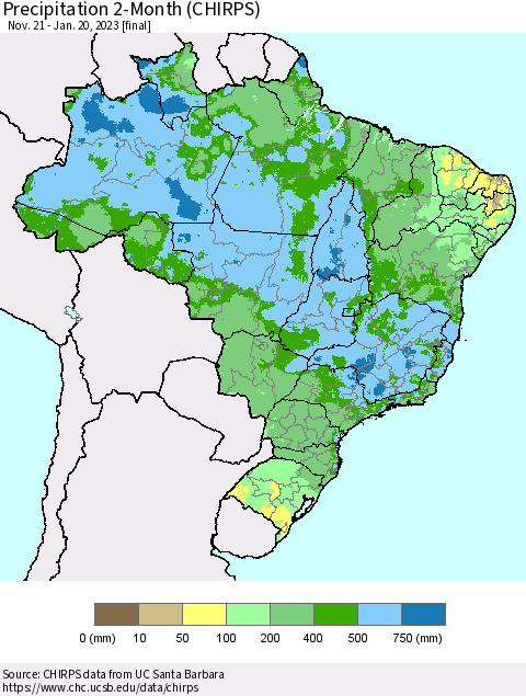 Brazil Precipitation 2-Month (CHIRPS) Thematic Map For 11/21/2022 - 1/20/2023