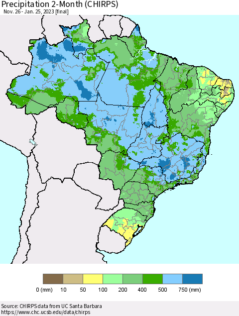 Brazil Precipitation 2-Month (CHIRPS) Thematic Map For 11/26/2022 - 1/25/2023