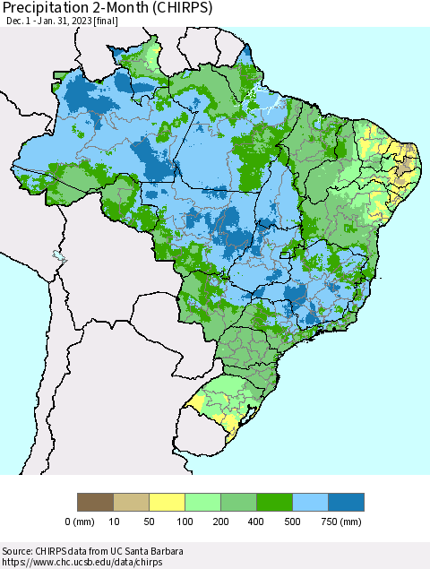 Brazil Precipitation 2-Month (CHIRPS) Thematic Map For 12/1/2022 - 1/31/2023