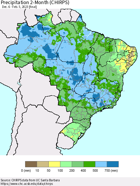 Brazil Precipitation 2-Month (CHIRPS) Thematic Map For 12/6/2022 - 2/5/2023