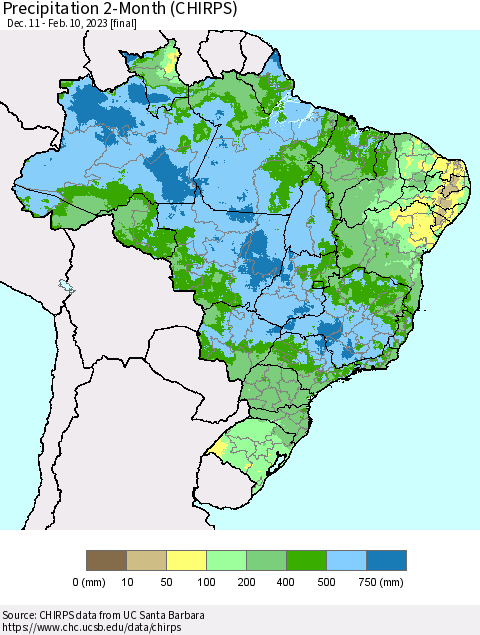 Brazil Precipitation 2-Month (CHIRPS) Thematic Map For 12/11/2022 - 2/10/2023
