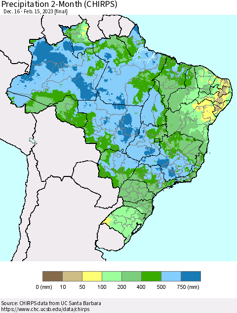 Brazil Precipitation 2-Month (CHIRPS) Thematic Map For 12/16/2022 - 2/15/2023