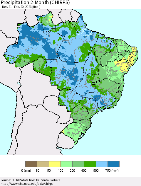Brazil Precipitation 2-Month (CHIRPS) Thematic Map For 12/21/2022 - 2/20/2023