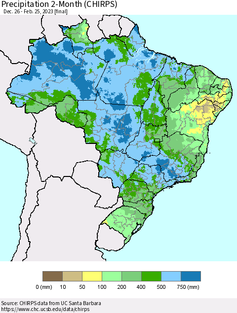 Brazil Precipitation 2-Month (CHIRPS) Thematic Map For 12/26/2022 - 2/25/2023