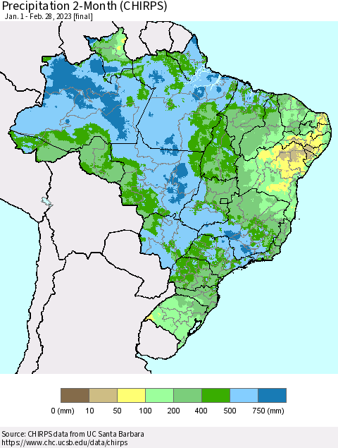 Brazil Precipitation 2-Month (CHIRPS) Thematic Map For 1/1/2023 - 2/28/2023