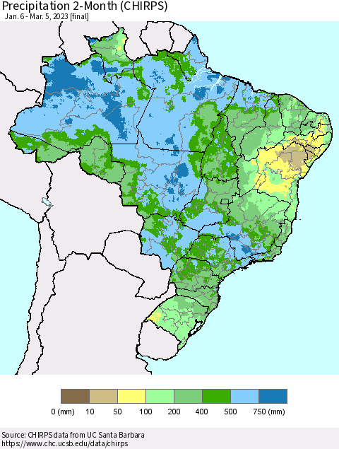 Brazil Precipitation 2-Month (CHIRPS) Thematic Map For 1/6/2023 - 3/5/2023