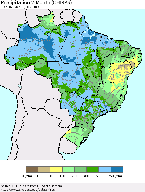 Brazil Precipitation 2-Month (CHIRPS) Thematic Map For 1/16/2023 - 3/15/2023