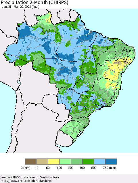 Brazil Precipitation 2-Month (CHIRPS) Thematic Map For 1/21/2023 - 3/20/2023