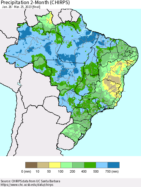 Brazil Precipitation 2-Month (CHIRPS) Thematic Map For 1/26/2023 - 3/25/2023