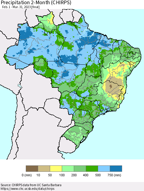 Brazil Precipitation 2-Month (CHIRPS) Thematic Map For 2/1/2023 - 3/31/2023