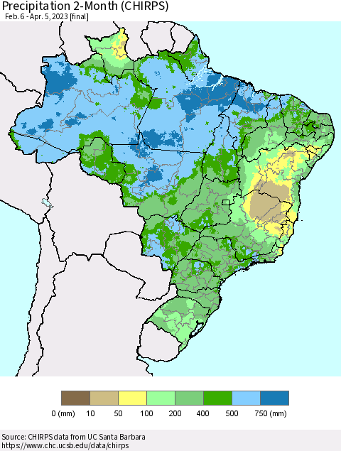 Brazil Precipitation 2-Month (CHIRPS) Thematic Map For 2/6/2023 - 4/5/2023