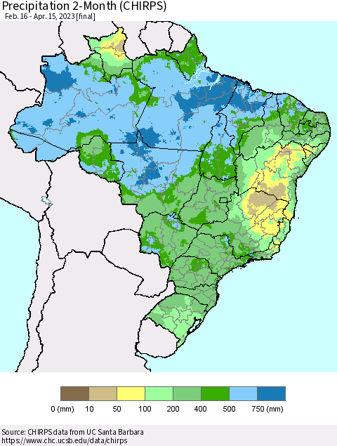 Brazil Precipitation 2-Month (CHIRPS) Thematic Map For 2/16/2023 - 4/15/2023