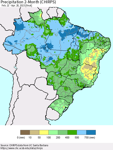 Brazil Precipitation 2-Month (CHIRPS) Thematic Map For 2/21/2023 - 4/20/2023