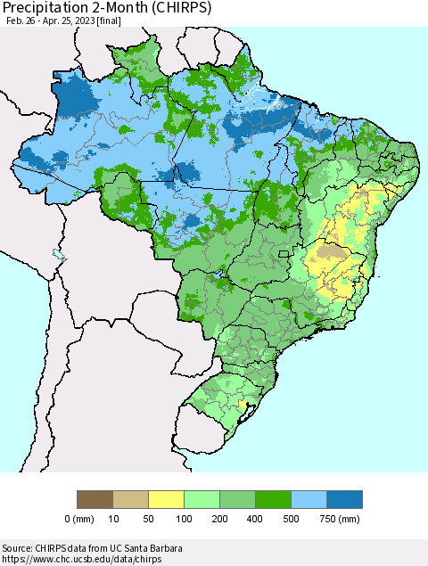 Brazil Precipitation 2-Month (CHIRPS) Thematic Map For 2/26/2023 - 4/25/2023