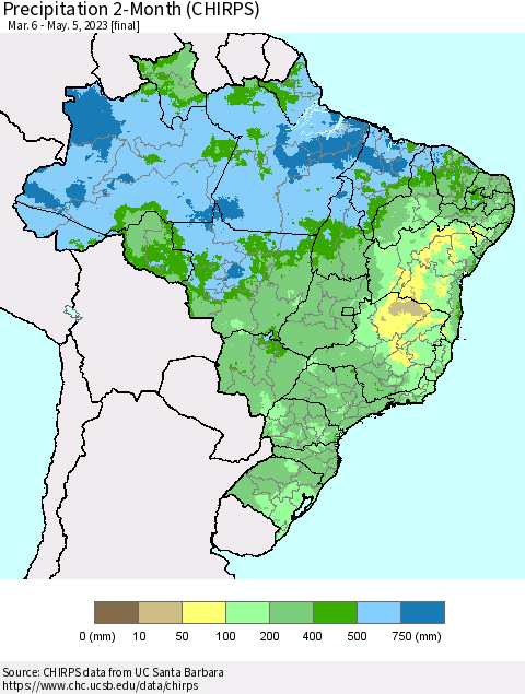 Brazil Precipitation 2-Month (CHIRPS) Thematic Map For 3/6/2023 - 5/5/2023