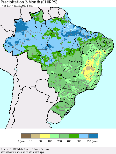 Brazil Precipitation 2-Month (CHIRPS) Thematic Map For 3/11/2023 - 5/10/2023