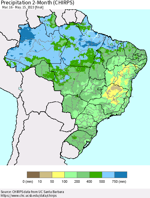 Brazil Precipitation 2-Month (CHIRPS) Thematic Map For 3/16/2023 - 5/15/2023