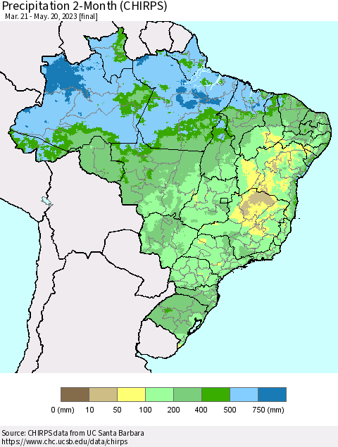 Brazil Precipitation 2-Month (CHIRPS) Thematic Map For 3/21/2023 - 5/20/2023