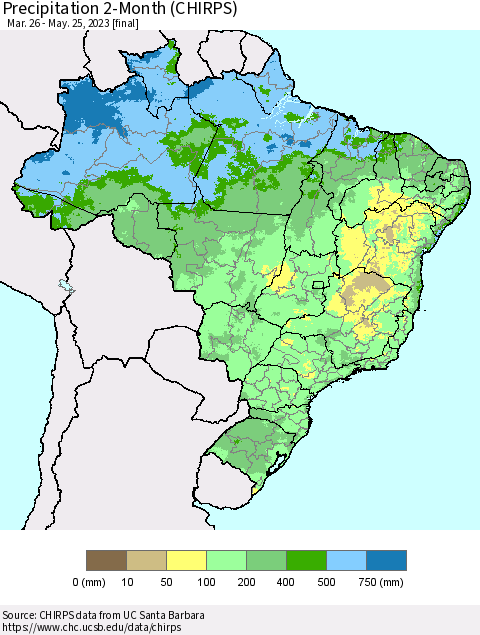 Brazil Precipitation 2-Month (CHIRPS) Thematic Map For 3/26/2023 - 5/25/2023