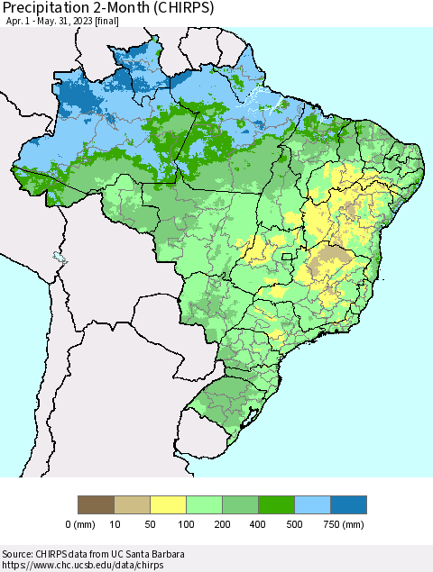 Brazil Precipitation 2-Month (CHIRPS) Thematic Map For 4/1/2023 - 5/31/2023