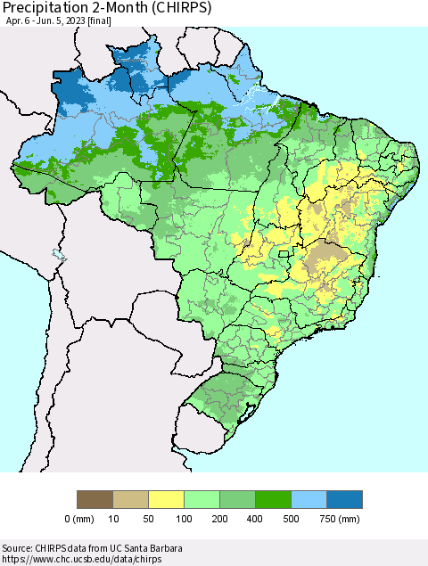 Brazil Precipitation 2-Month (CHIRPS) Thematic Map For 4/6/2023 - 6/5/2023